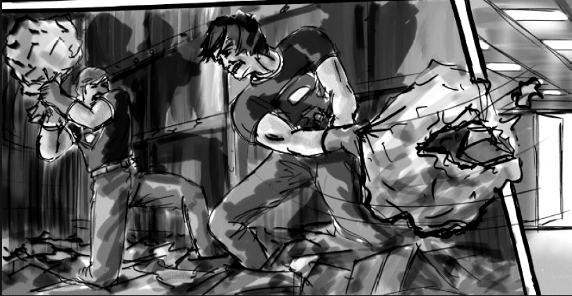 Runners comic panel: two runners in superhero R T-shirts haul bulging pink rubbish bags through a messy back room