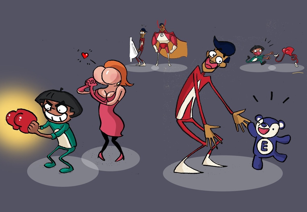 The Unskippables: the cast of cartoon characters on spotlit circles: a boxing kid in a beret, a woman in a pink dress, a lanky man in a red tracksuit and a small blue teddy bear